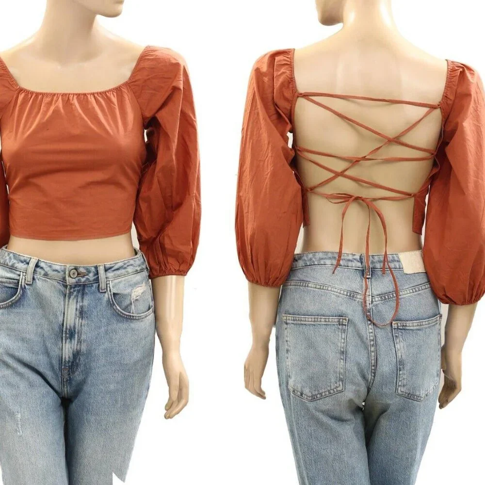 Leger By Lena Gercke Brown Cropped Blouse Top Balloon Sleeve LaceUp XS-34 277972